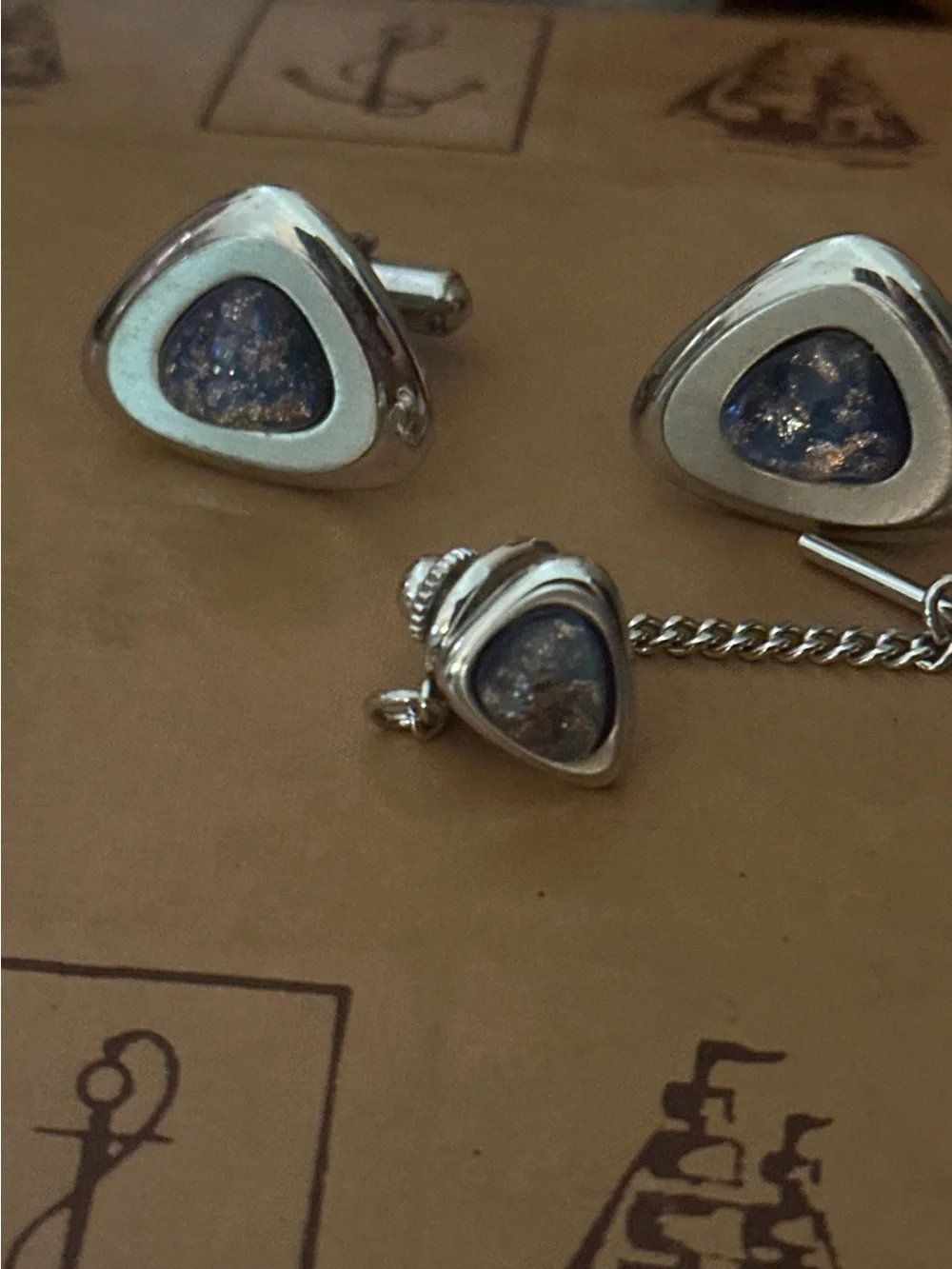 Vintage Source Unknown Silver Cufflinks and Tie Tack with Blue Opal Inlay